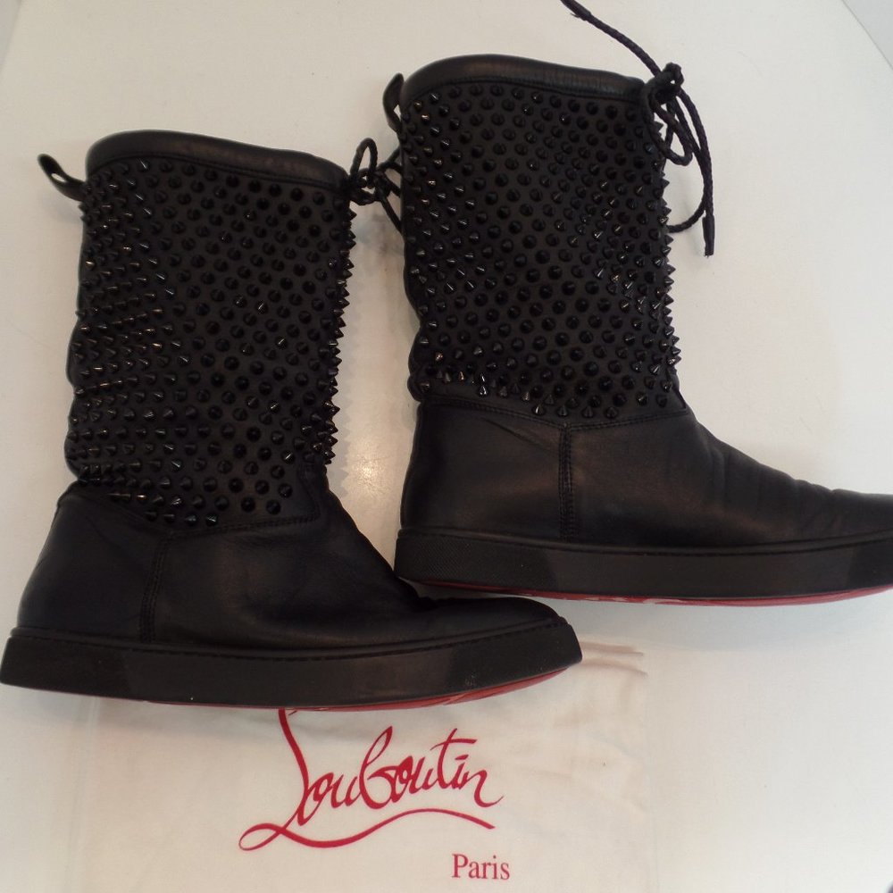 Christian Louboutin Sur La Pony Spike Napa Mid Calf Boots Black Leather Size 9 - Picture 2 of 16